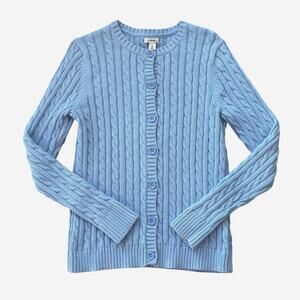 LL Bean Cardigan Sweater Womens Medium Blue Cable Knit Button Front Long Sleeve
